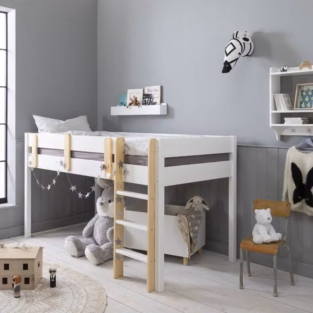 Nöa and Nani Una Midsleeper Cabin Bed in White, Solid Pine Wood, Single Size 90 x 190 cm