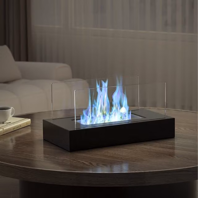 Livingandhome Rectangular Box Tabletop Ethanol Fireplace in Black