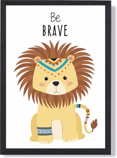 ARTZE Be Brave Lion Tribal Animal Quote Framed Print, Yellow and Black, A4