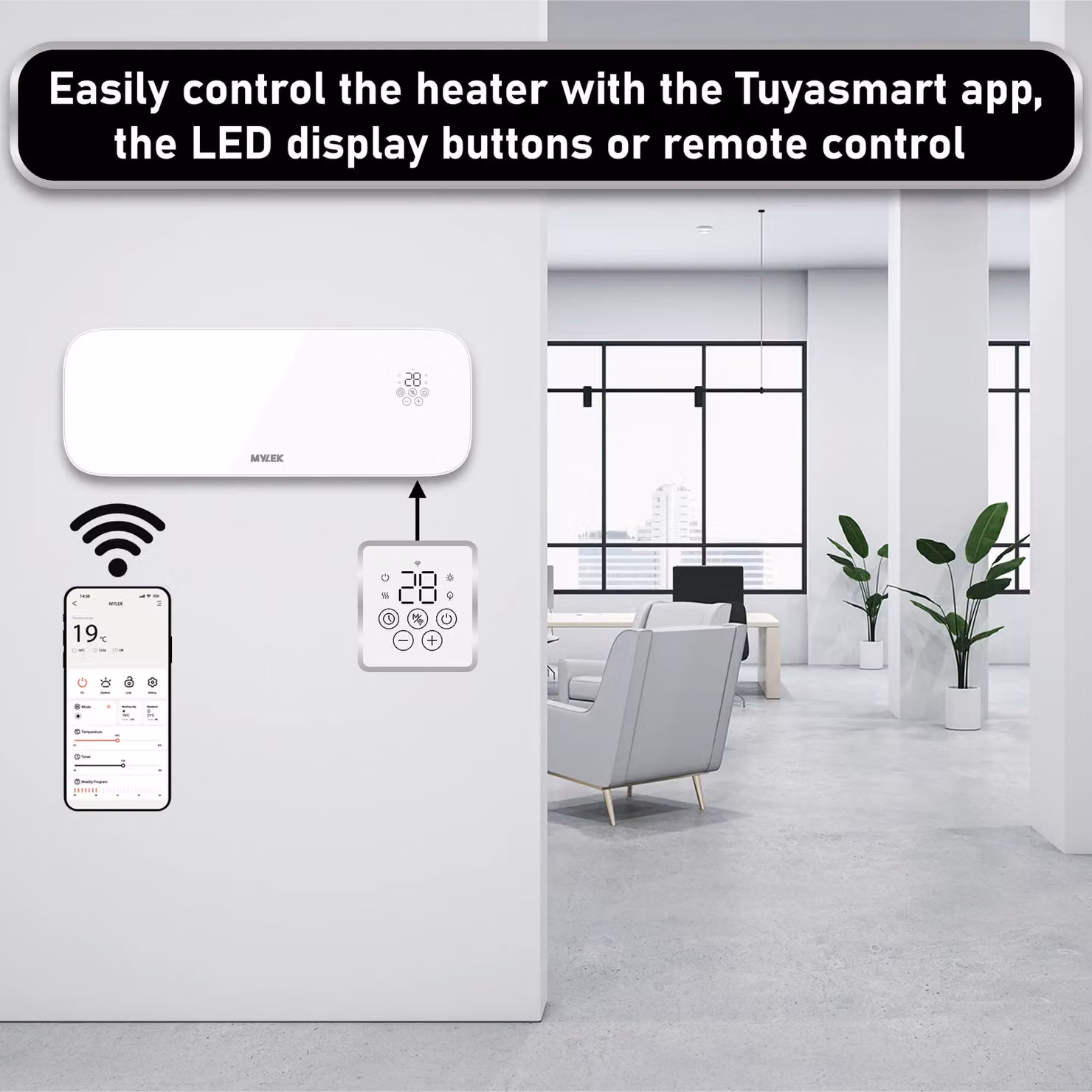 MYLEK Glass Overdoor Air Curtain Heater in White, 2kW Ceramic PTC with Wifi App Control and Timer – 3