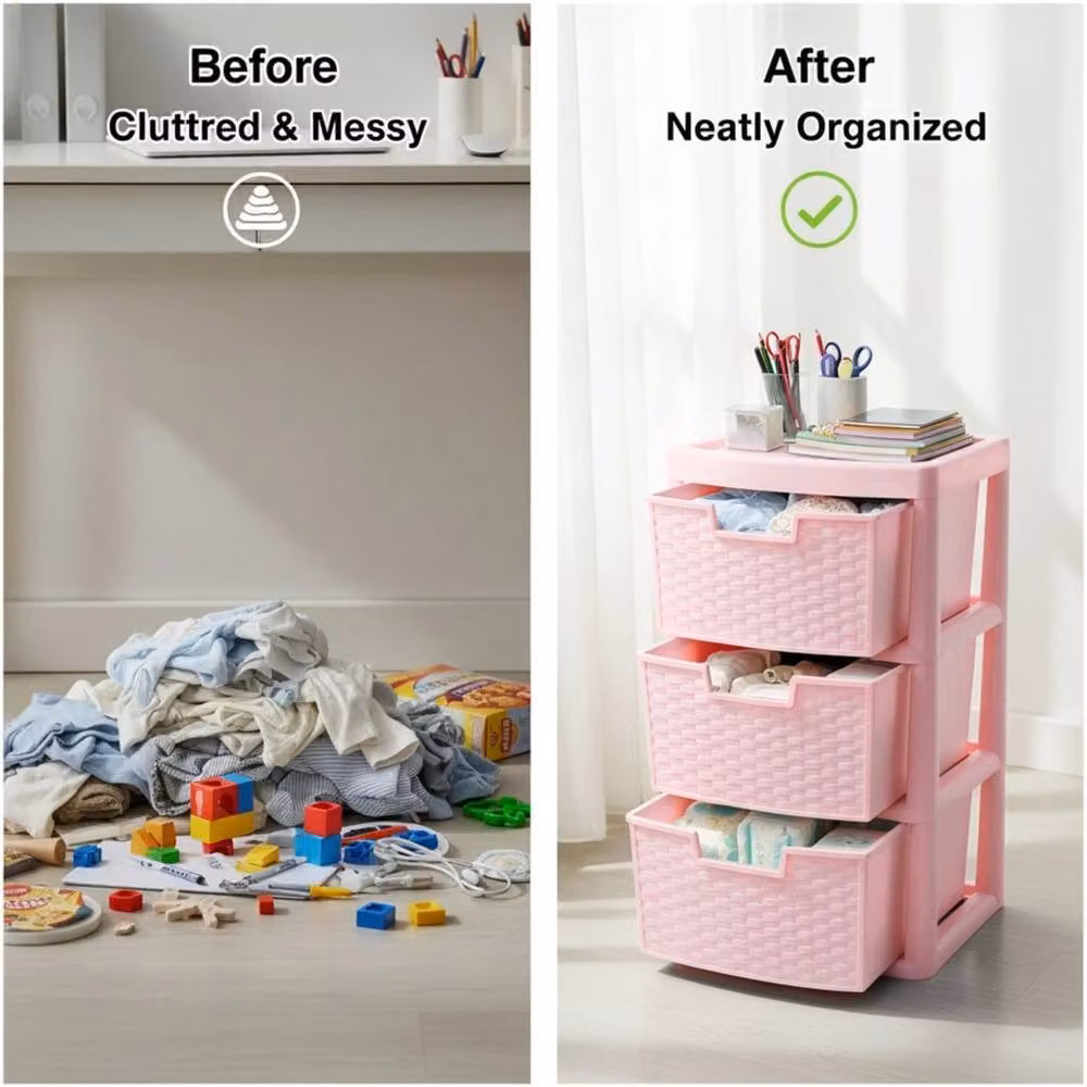 SPETLEK Large Pink Rattan Effect 3 Tier Plastic Drawer Unit – 3