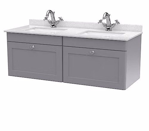 nuie Classique Traditional Wall Hung Bathroom Vanity Unit with 2 Drawers, Marble Worktop and Square Basin, Satin Grey and White, W: 120 cm, D: 47 cm, H: 50.9 cm