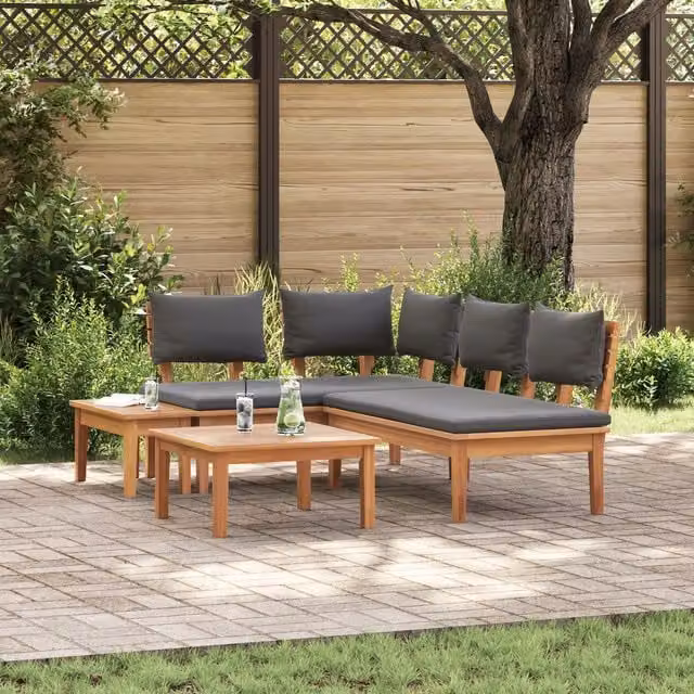 Berkfield Home 4-Piece Rustic Teak Wood Garden Bench Set with Cushions in Brown and Dark Grey