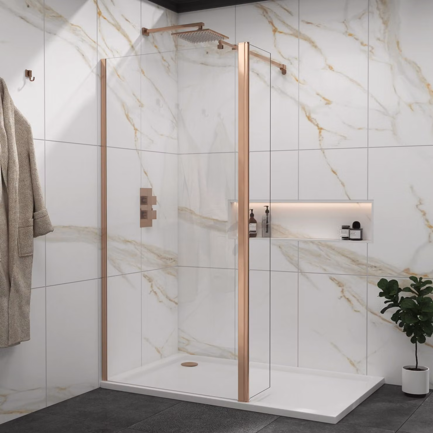 Royal Bathrooms Marbella Walk In Wet Room Shower Screen with Flipper Panel, Brushed Bronze, Clear 8mm Easy Clean Glass, W: 185 cm