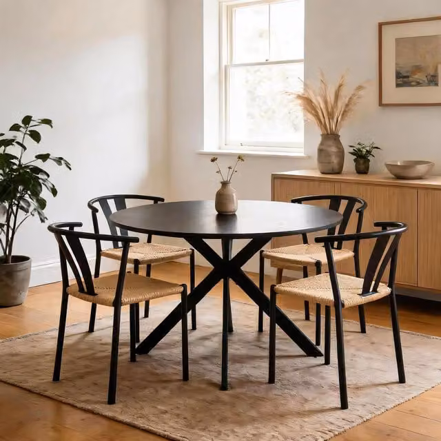Home Source Eira Round Dining Table and 4 Chairs Set in Black and Natural