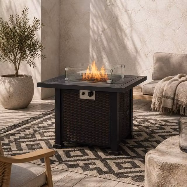 Wyld Haus Tafiyo Square Propane Gas Fire Pit Table in Black and Brown Rattan Effect – 1