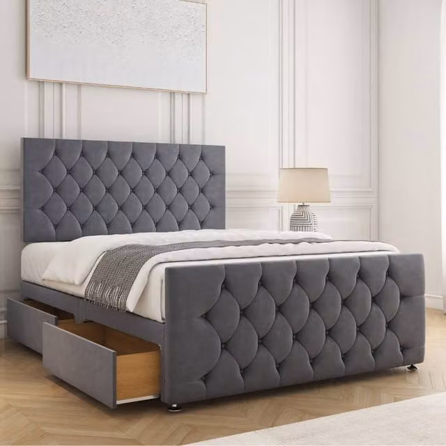 BSSPOKE Maya Plush Velvet Divan Bed with 24 inch Headboard, 2 Drawers, Footend and Mattress in Grey, Size: King (W/D/H: 180 x 200 cm)