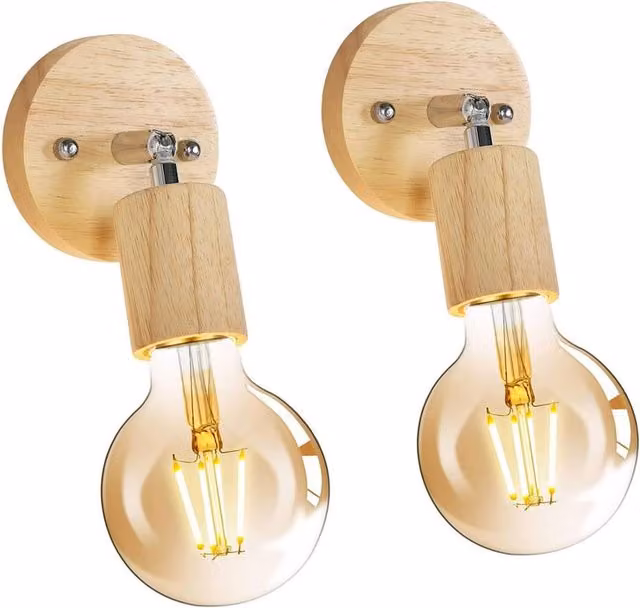 Goeco Pack of 2 Vintage Wood Wall Lights, 350 Degree Rotatable Adjustable Lamps with E27 Fitting in Natural Brown – 1