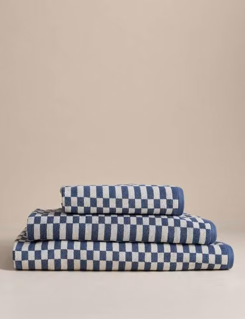 M&S Fluffy Pure Cotton Geometric Checked Towel in Blue