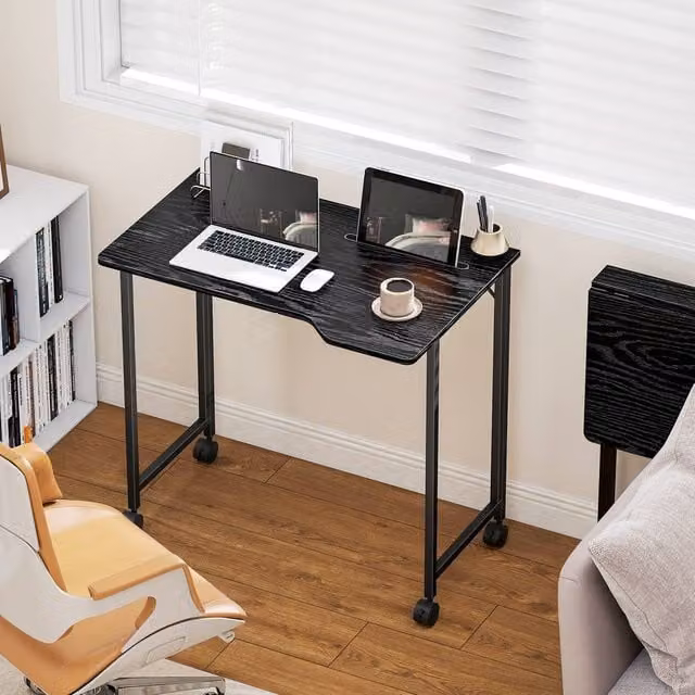 HOMCOM Small Folding Writing Desk with Castors, Black, W: 80 cm, D: 52 cm, H: 75 cm – 1