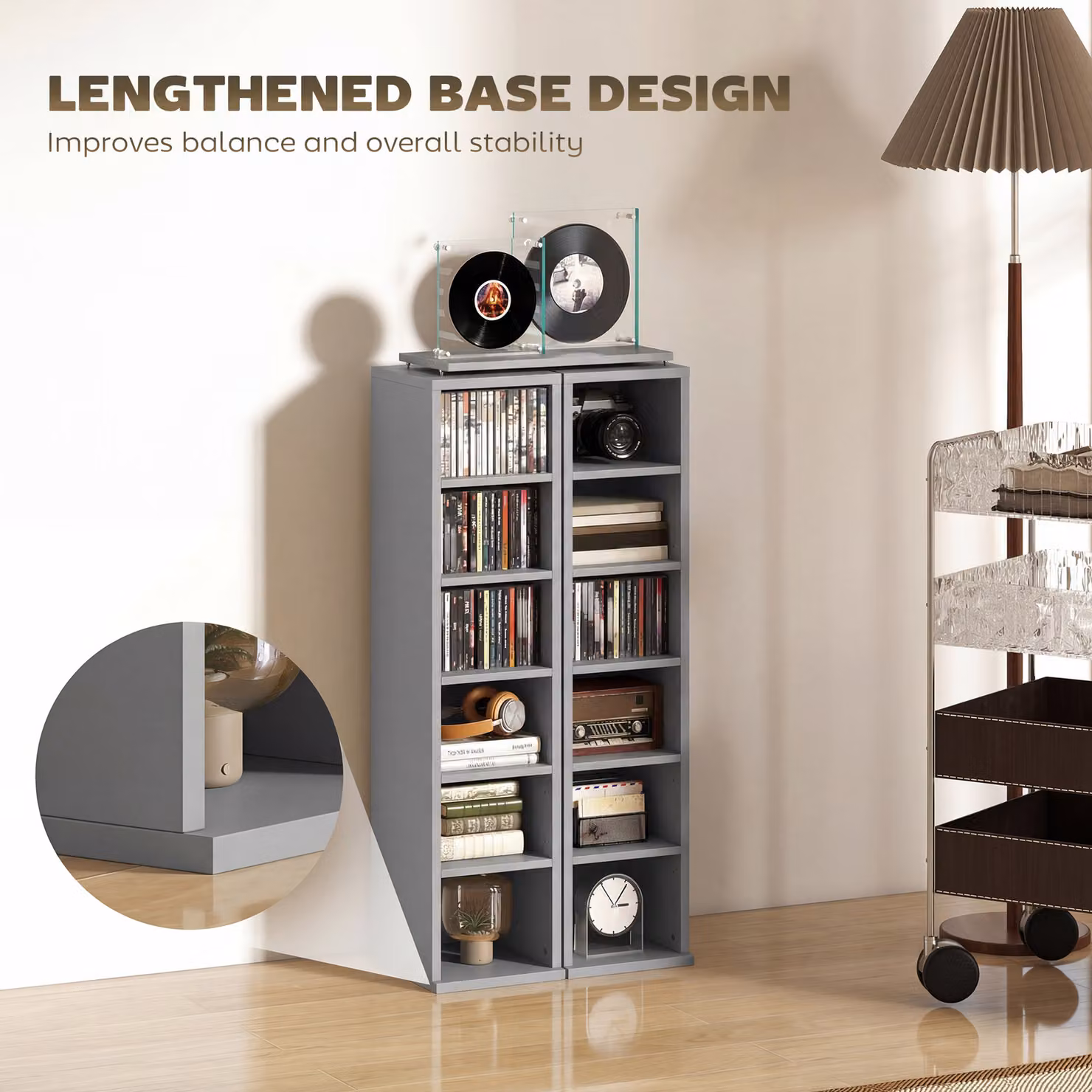 HOMCOM Set of 2 Light Grey CD Media Display Tower Racks with Adjustable Shelves – 5