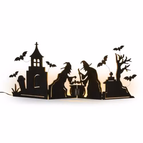 Lights4fun Toil & Trouble LED Witch Halloween Window Decoration in White, Yellow and Black – 2