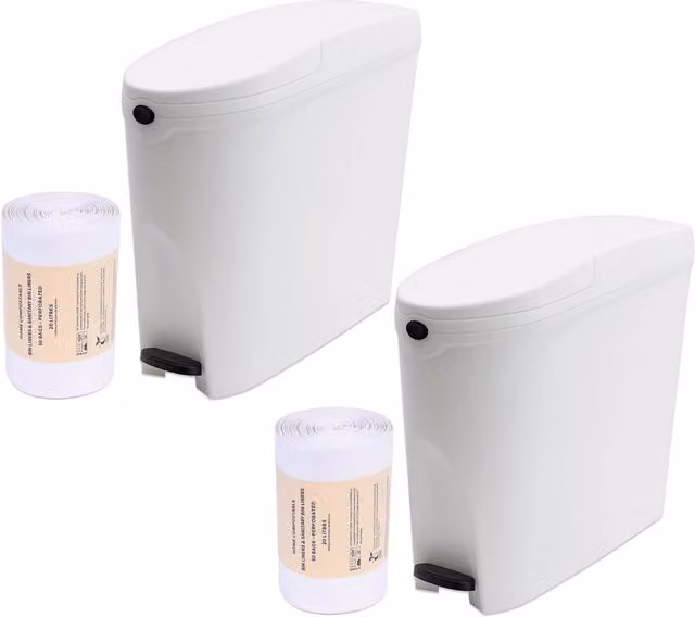 ProKleen White Plastic Pedal Sanitary Bin with Liners, 2 Pack