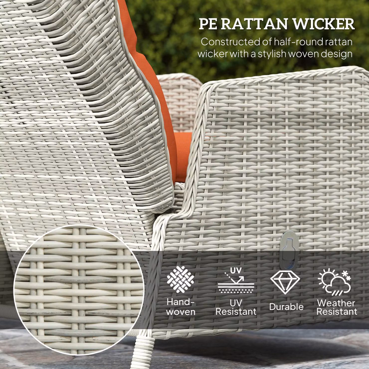 Outsunny 5 Piece Rattan Bistro Set with Adjustable Back, Reclining Wicker Balcony Furniture with Cushions, Glass Top and Footstools, Orange – 3