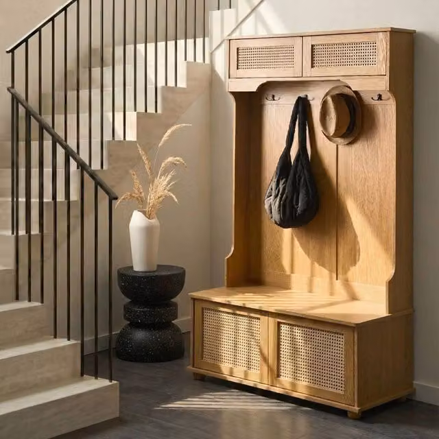 Wyld and Coco Brown Wall Mounted Shoe Storage and Coat Rack with Rattan Details, W/D/H: 100 x 47 x 170 cm