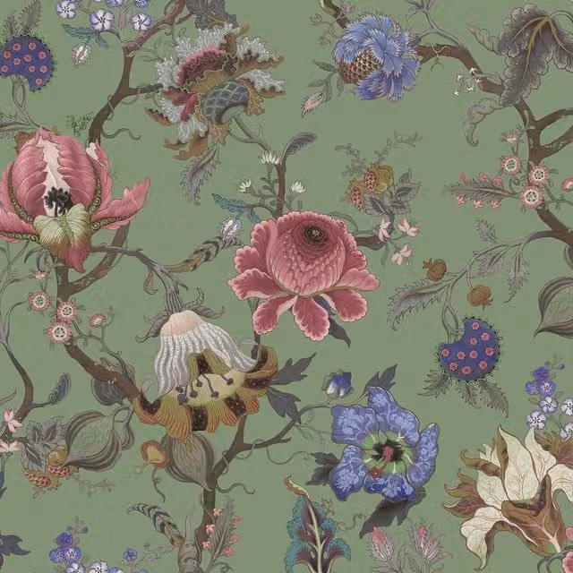 House of Hackney Artemis Jadeite Botanical Floral Vintage Wallpaper in Pink, Blue and Green
