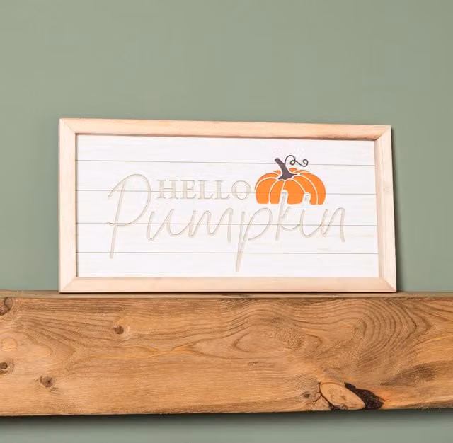 Samuel Alexander Hello Pumpkin Wooden Autumnal Decorative Hanging Wall Art, Orange, Height: 46 cm