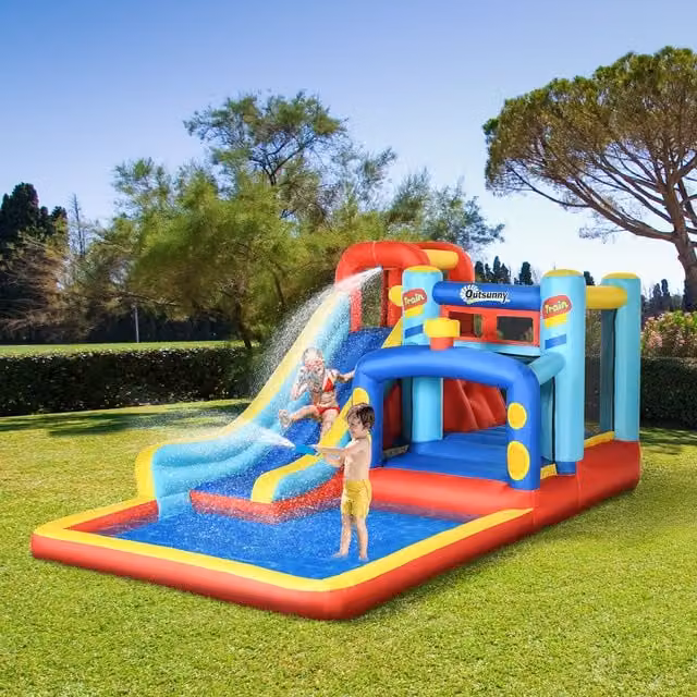 Outsunny Castle Slide and Trampoline with Blower, Red and Multicolour