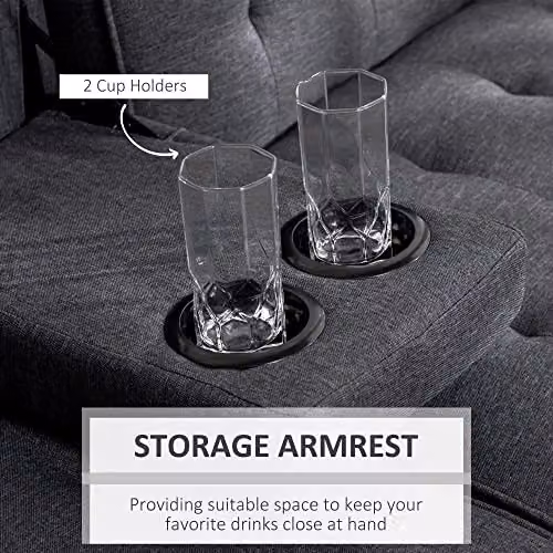 HOMCOM 3 Seater Upholstered Click Clack Sofa Bed with Cup Holders and Storage, Grey Fabric – 3