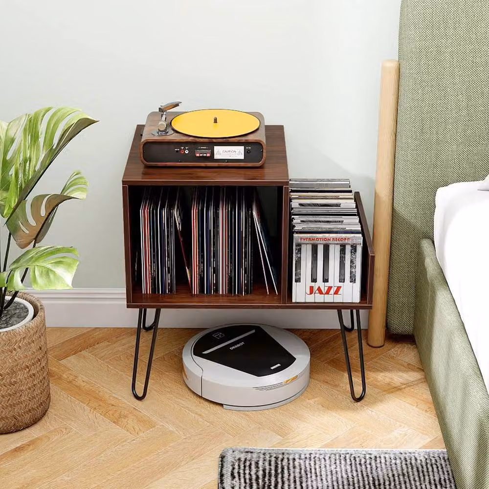 VOGREX Walnut Turntable Record Player End Table with Rotating Top in Brown – 4