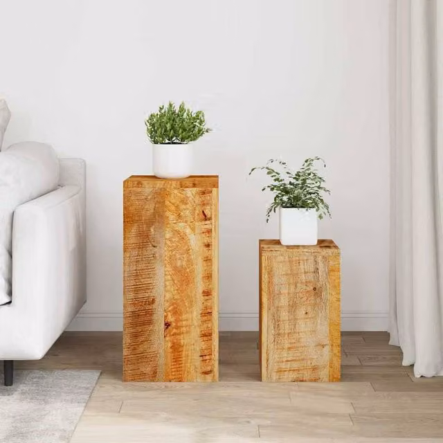 Berkfield Home Set of 2 Rustic Solid Mango Wood Plant Stands in Brown – 1