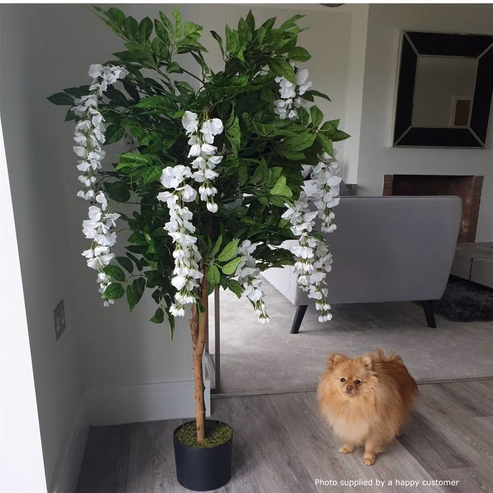 Leaf 130cm Artificial Wisteria Tree with White Flowers and Copper Planter in Green – 5