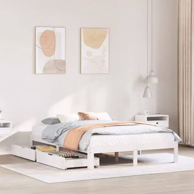 Berkfield Home White Solid Wood Bed Frame with Drawers, 160 x 200 cm