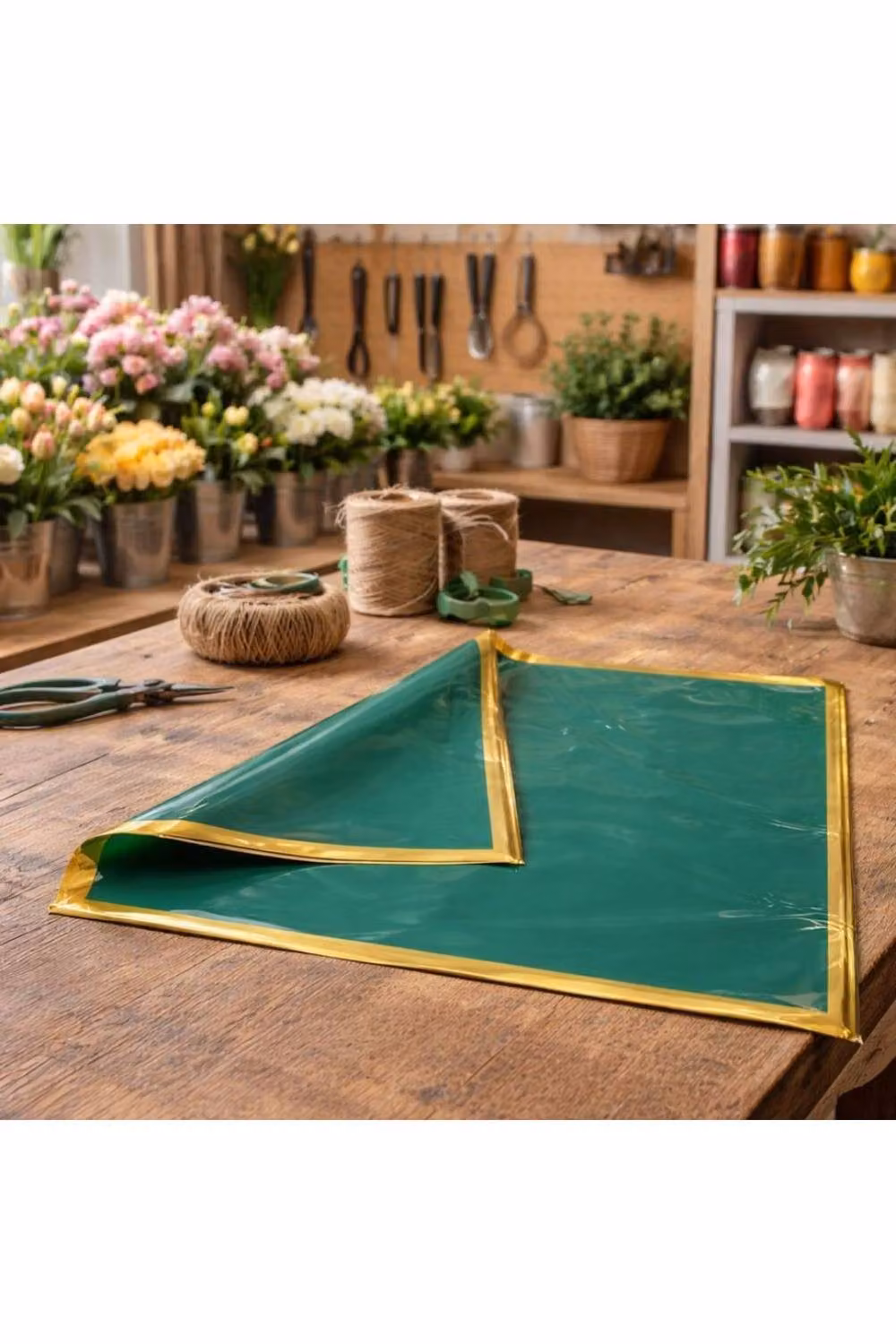 KDMD Korean Style Pre Cut Cello Wrap Sheets, Green with Gold Border, 100 Pack – 3