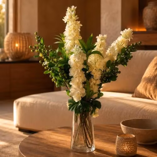 Leaf Design UK Mixed Floral Artificial Flower Display with Glass Vase in Green, White, Grey and Gold, H 60 cm x W 45 cm x D 12 cm