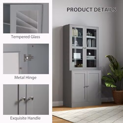 HOMCOM Modern Grey Display Storage Cabinet with Glass Doors and Adjustable Shelves, H 178.5 x W 76.0 x D 40.0 cm – 5