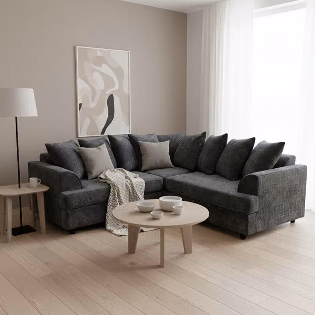 Abakus Direct Ferguson Black Chenille L-Shape Corner Sofa with Deep Seats and Scatter Cushions