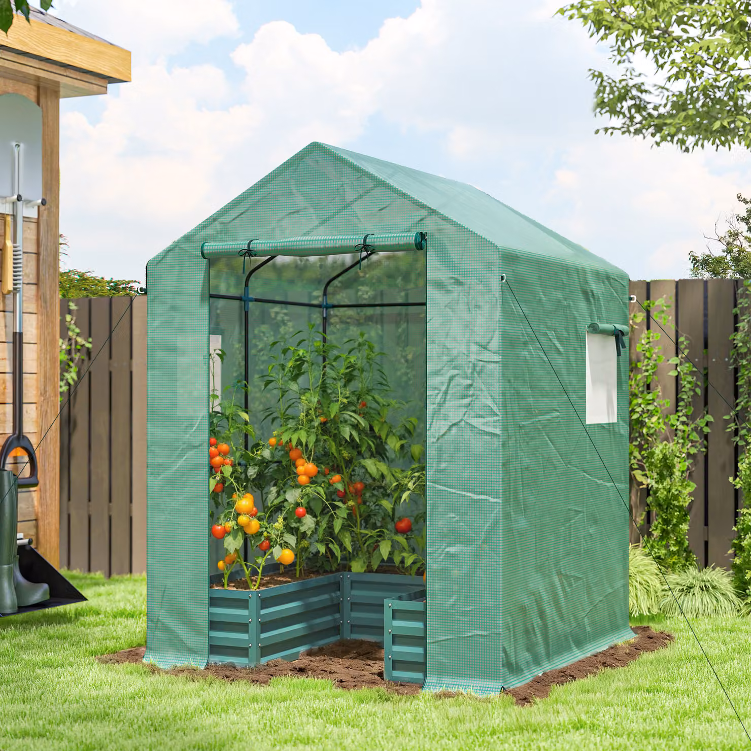 Outsunny Mini Greenhouse with Raised Garden Bed, Green, W/D/H: 142.24 x 142.24 x 190.5 cm – 2