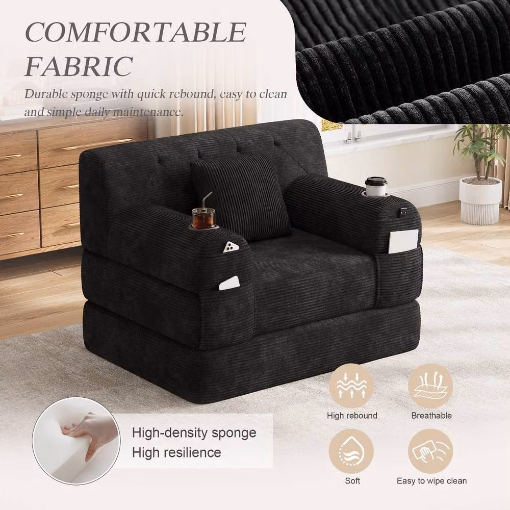 Rolipo Black Corduroy 1-Seater Sleeper Sofa Chair with Cup Holders and Armrests – 6