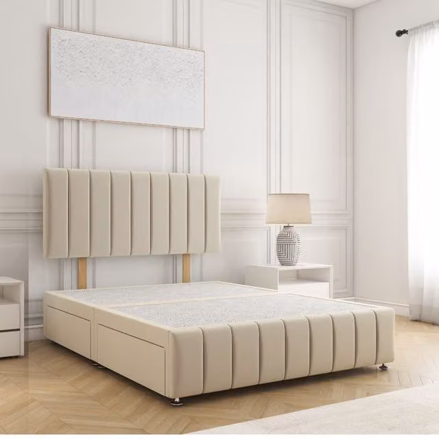 BSSPOKE Sierra Single Divan Bed with 24 inch Plush Headboard and 2 Drawers in Beige Velvet Fabric, W/D/H: 90 x 190 x 30.48 cm