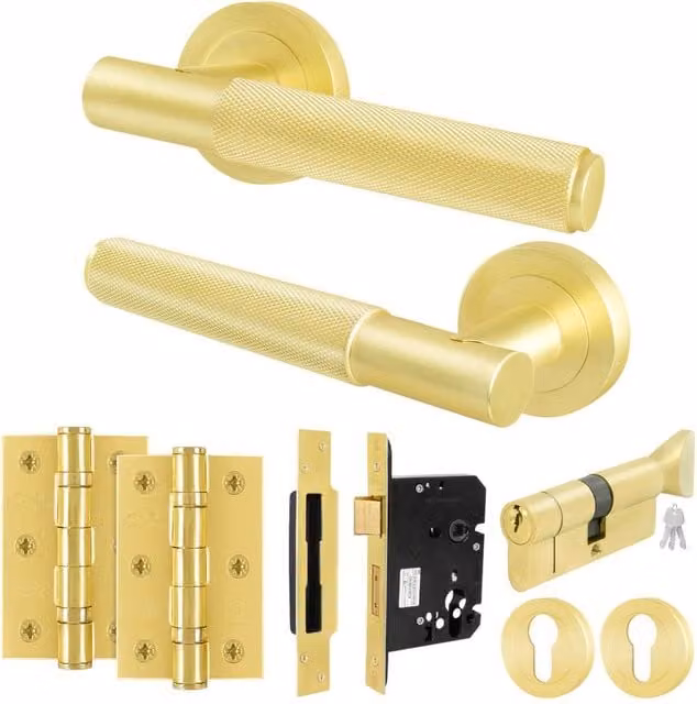 AFIT Satin Brass Door Handle Euro Lock Turn Cylinder Set in Gold, W/D/H: 15 x 15 x 15 cm