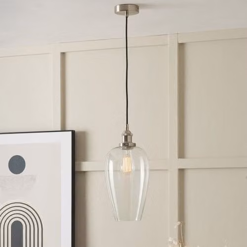 Ruma Glass Pendant Ceiling Light with Antique Silver Metal Chain in Transparent – 1