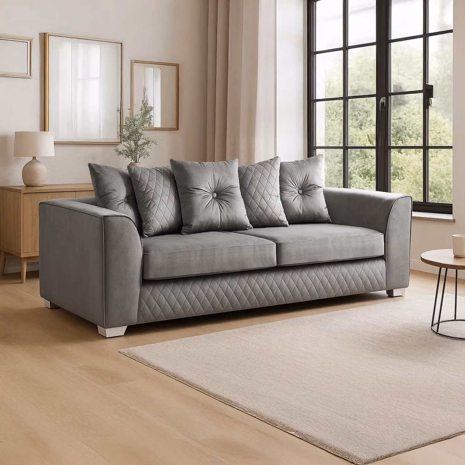 Furnishings For Less UK Victoria Soft Plush Velvet 3 and 2 Seater Sofa Set in Grey with Scatter Back – 2