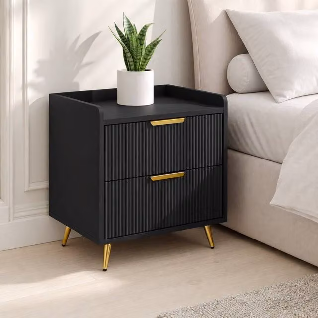 STILVORA Modern Bedside Table with 2 Drawers in Black and Gold
