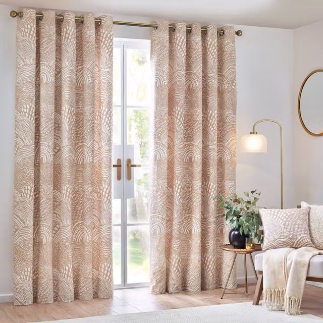 Terrys Nola Abstract Ready Made Eyelet Curtains in Oat Beige