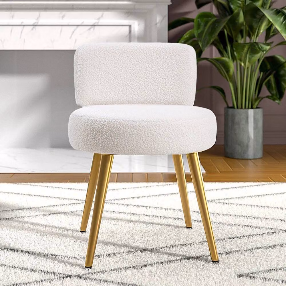 FLAVORA Teddy Boucle Upholstered Vanity Dressing Stool in White and Gold with Metal Legs – 2
