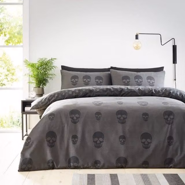 GAVENO CAVAILIA Skull Printed Duvet Cover in Charcoal Grey