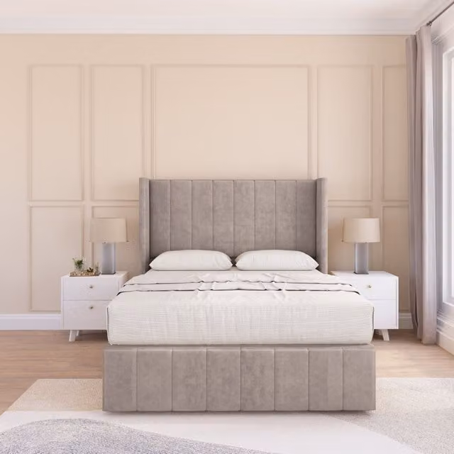 Sloomy Melbourne Plush Wingback Bed Set with 54 inch Floor Standing Headboard in Stone, Double Size, W/D/H: 140 x 200 cm