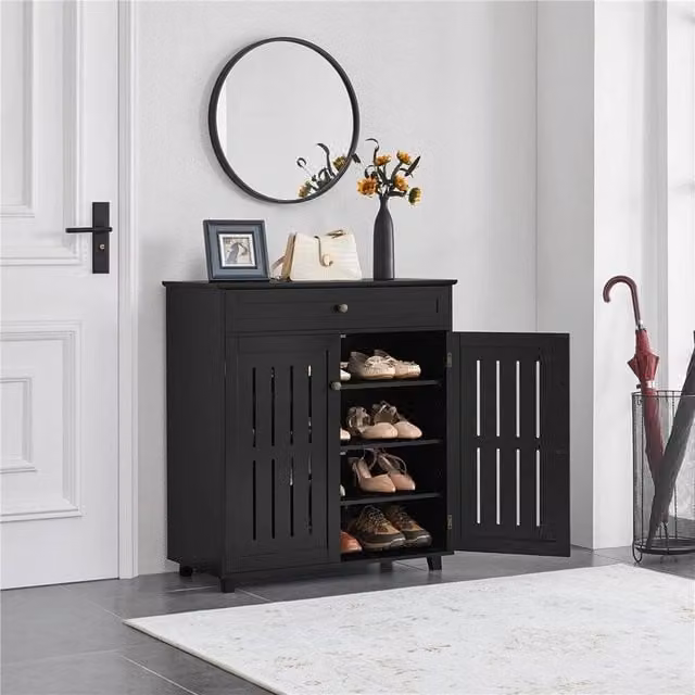 Kelvenix Black Wooden Shoe Storage Cabinet with Hinged Doors and Internal Shelves – 1