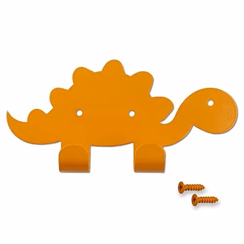 keypak Kids Dinosaur Double Coat Hooks, Orange Stegosaurus Metal Wall Mounted