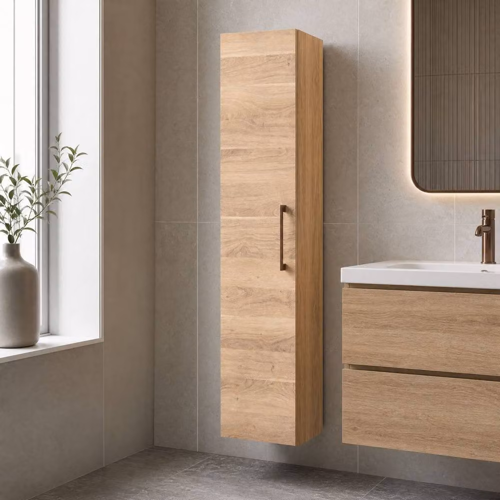 Balterley Bramshall Modern Wall Hung Tall Bathroom Storage Unit with Soft Close Door, Brown, W: 30 cm – 2