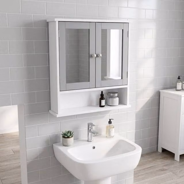 STILVORA Modern Grey Wall Mounted Bathroom Storage Cabinet with Glass Doors, Mirrors and Internal Shelves – 1