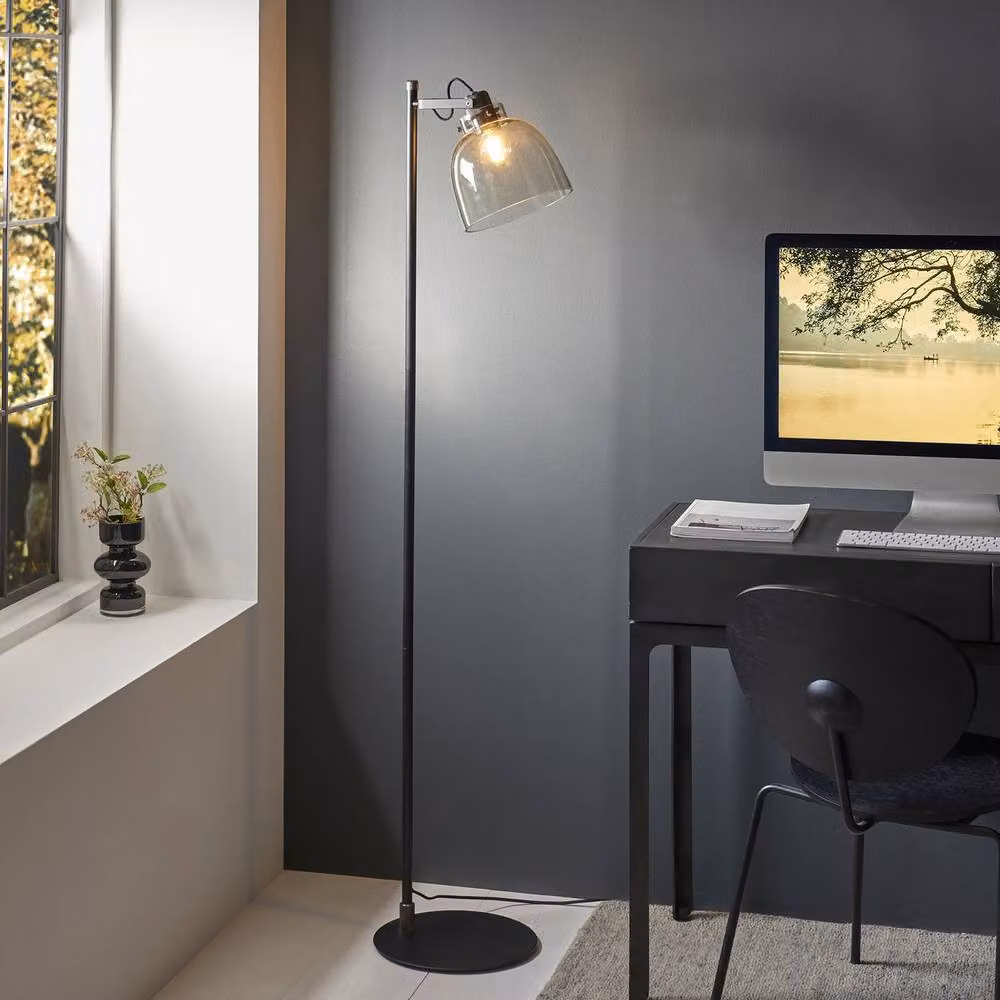 Netlighting Adjustable Task Floor Lamp with Grey Glass Dome and Black Chrome Base, E27 – 2