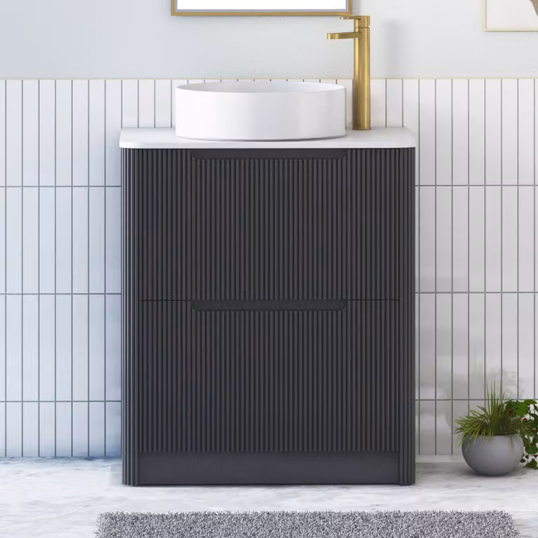 Royal Bathrooms Avenza 700mm Matt Obsidian Black Floor Standing 2 Drawer Vanity Unit with Plain White Worktop and Art Round Basin