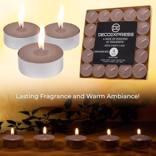 Deco Express Cinnamon Roll Scented Tealight Candles, Brown, 25 Pack – 6