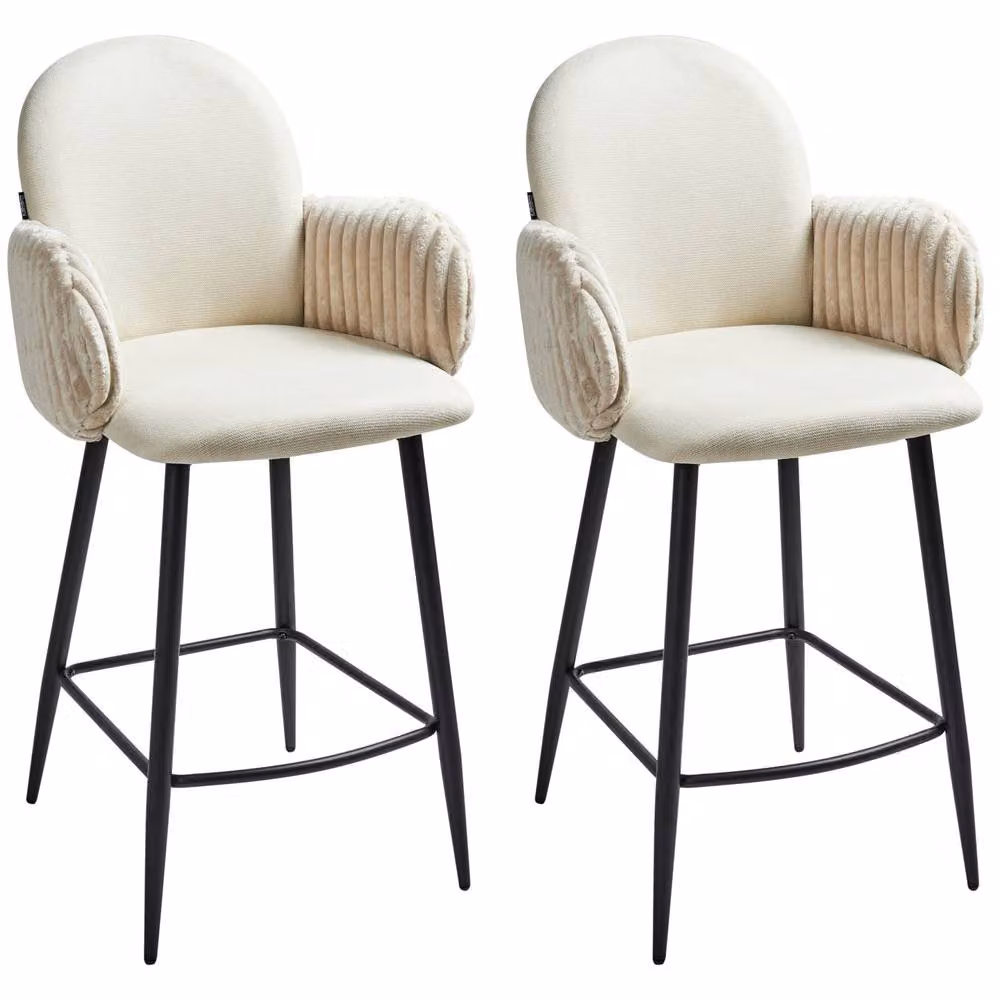 Wyld and Coco Set of 2 Retro Bar Chairs in Light Beige Woven Velvet Fabric – 2